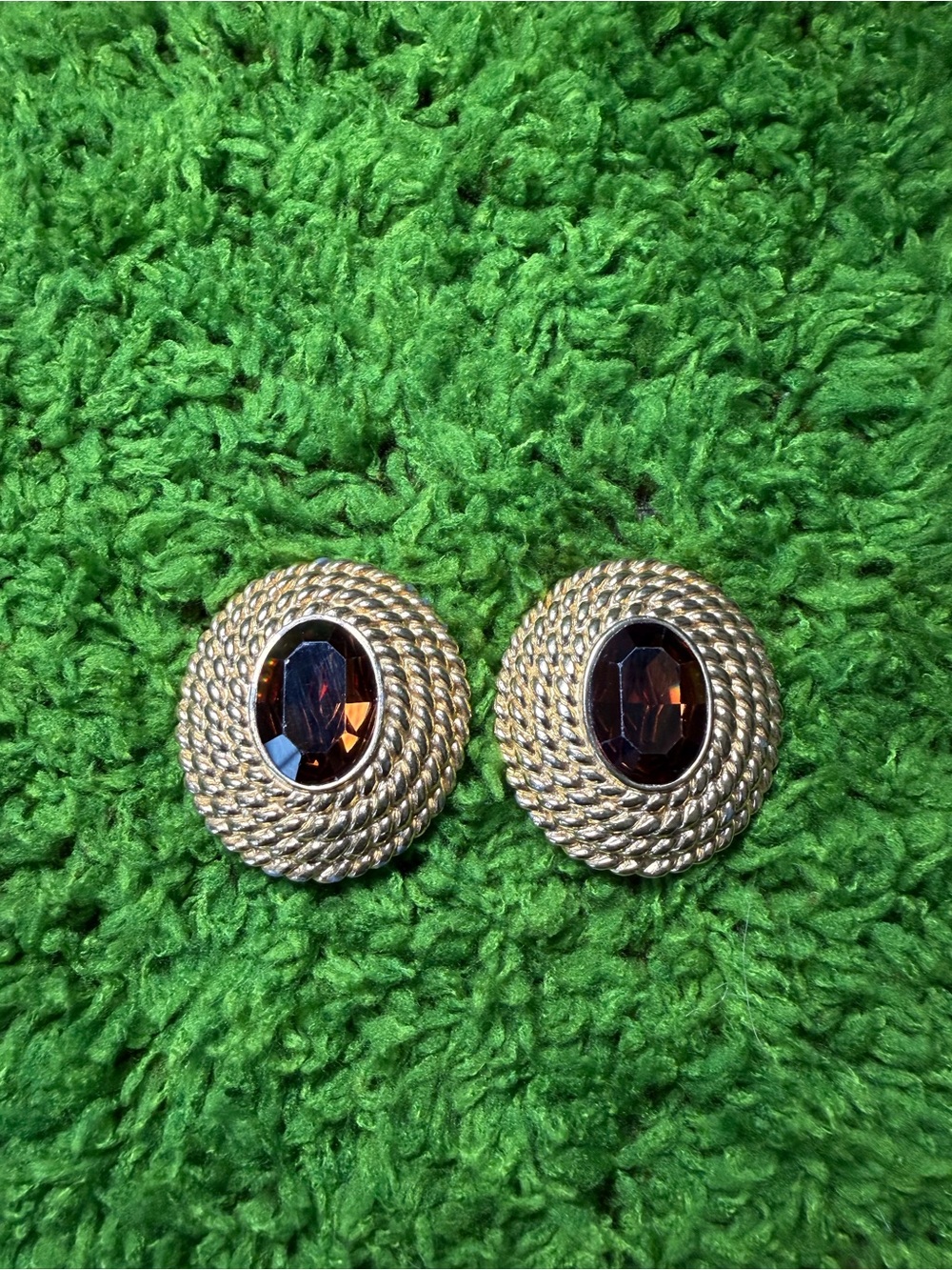 Vintage CINER Gold Tone Topaz Crystal Chunky Clip-On Earrings Signed